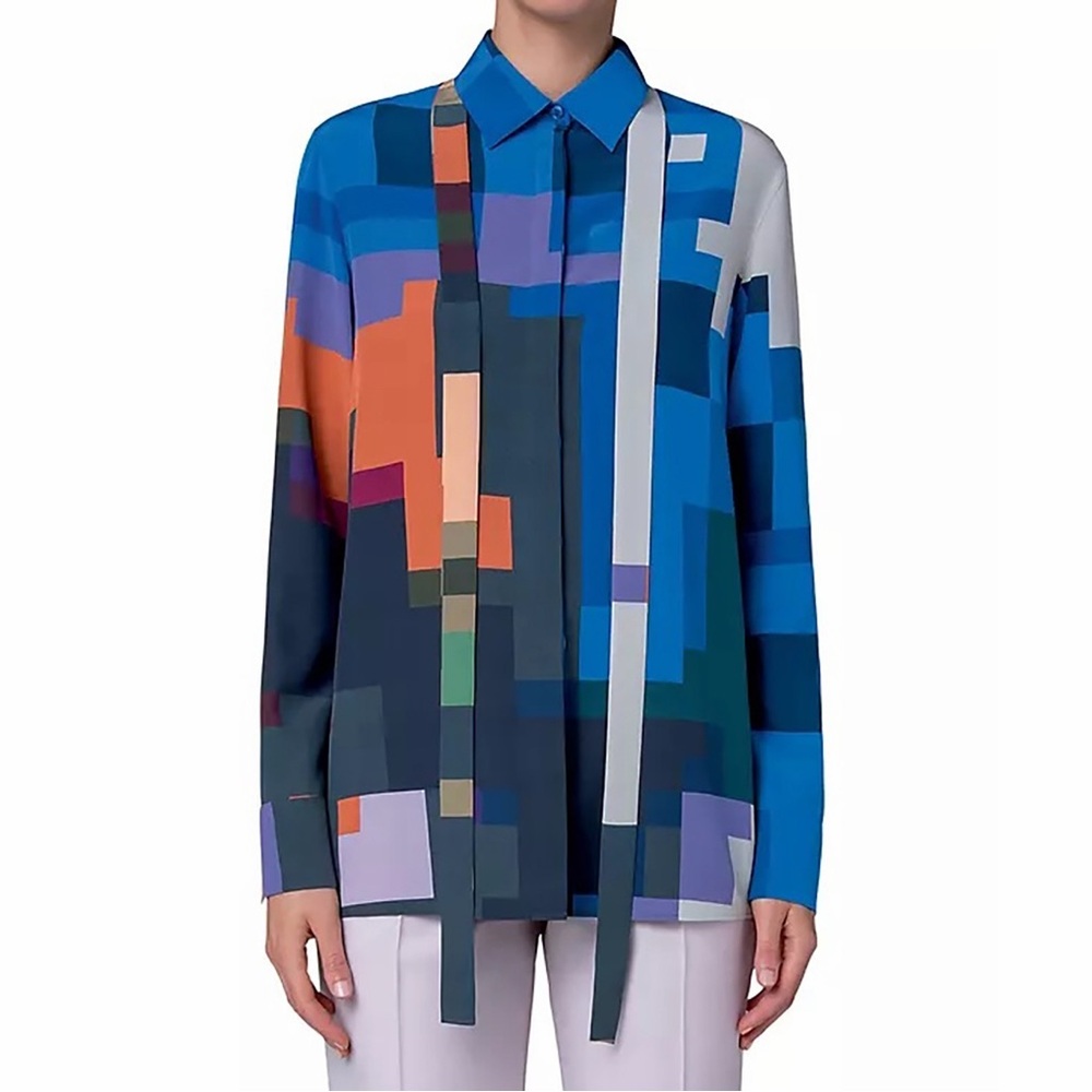 NWT Akris Flowers At Home Pixel Print Silk Top Blouse Blue Squares Colorblock 8
